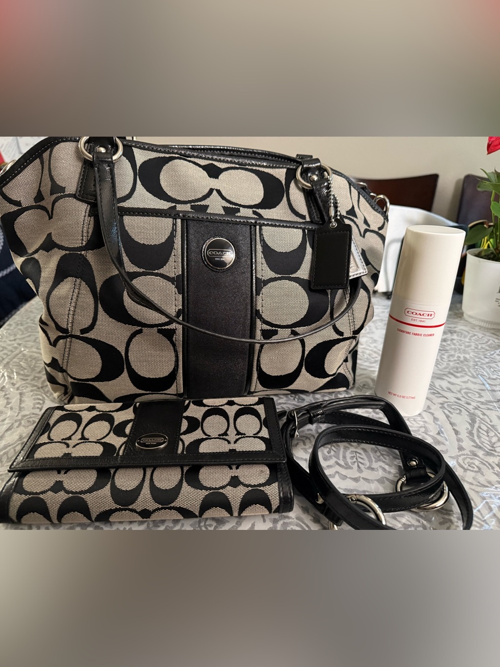 Coach Shoulder Bag in Black and Beige Signature Canvas & Wallet + Cleaner